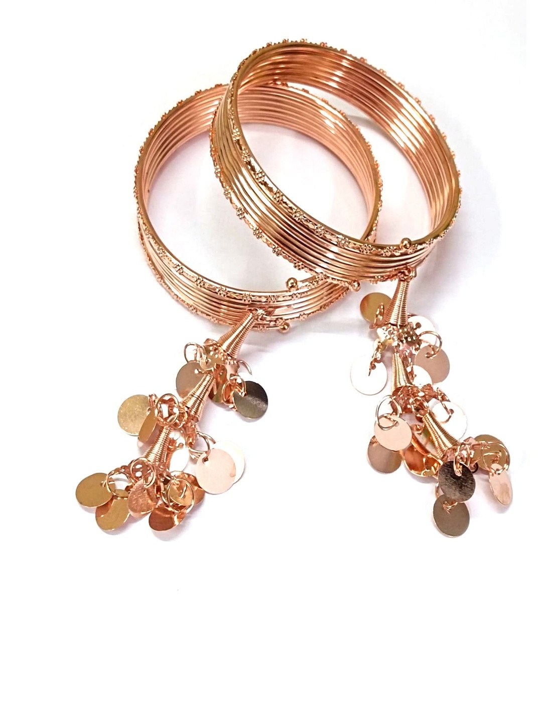 NAVJAI Pack Of 2 Tassel Rose Gold-Plated Multilayer Wire Bangles