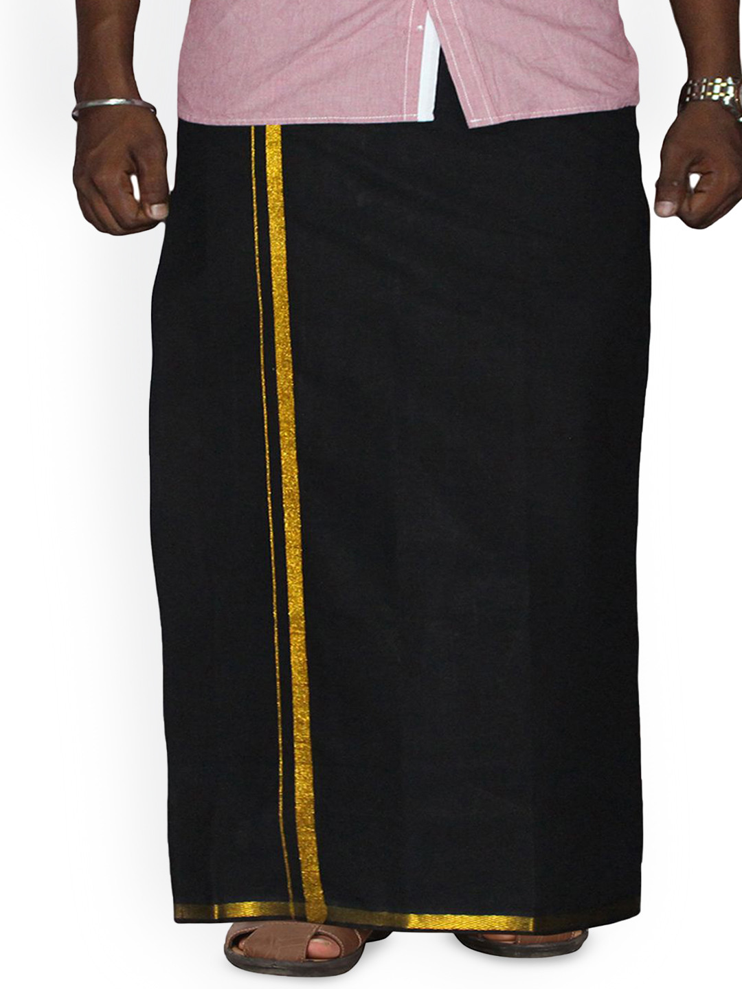 PRAKASAM COTTON Men's Single Black Colour with Jari Border Welcro Pocket Dhoti