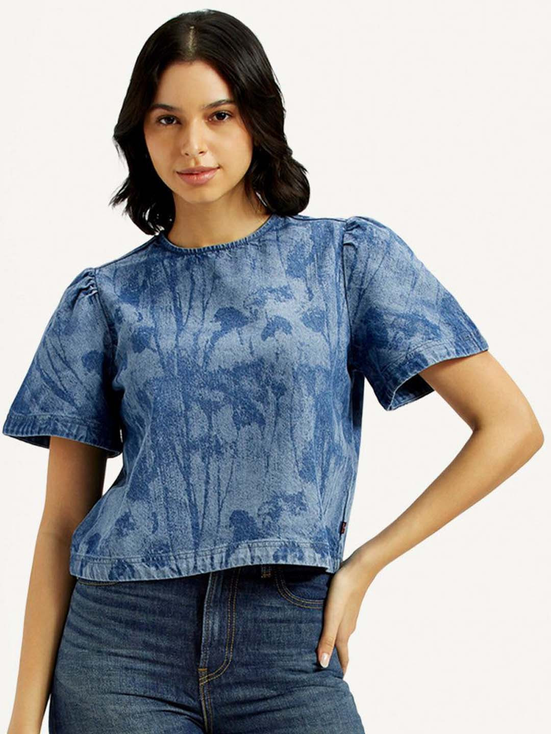 Levis Wom Printed Puff Sleeve Pure Cotton Denim Top