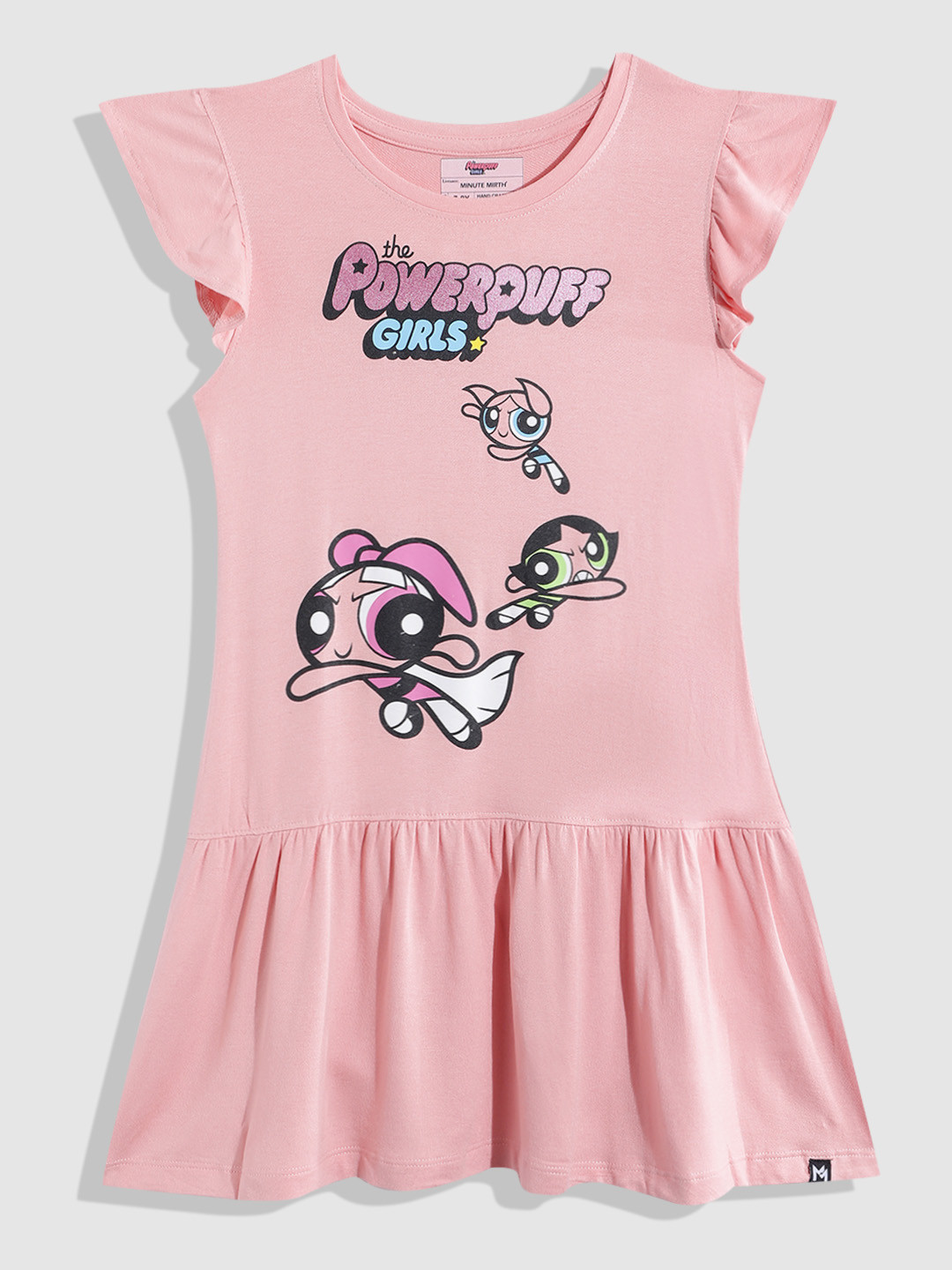 YK X Minute Mirth Powerpuff Girls Printed Flutter Sleeve A-Line Dress