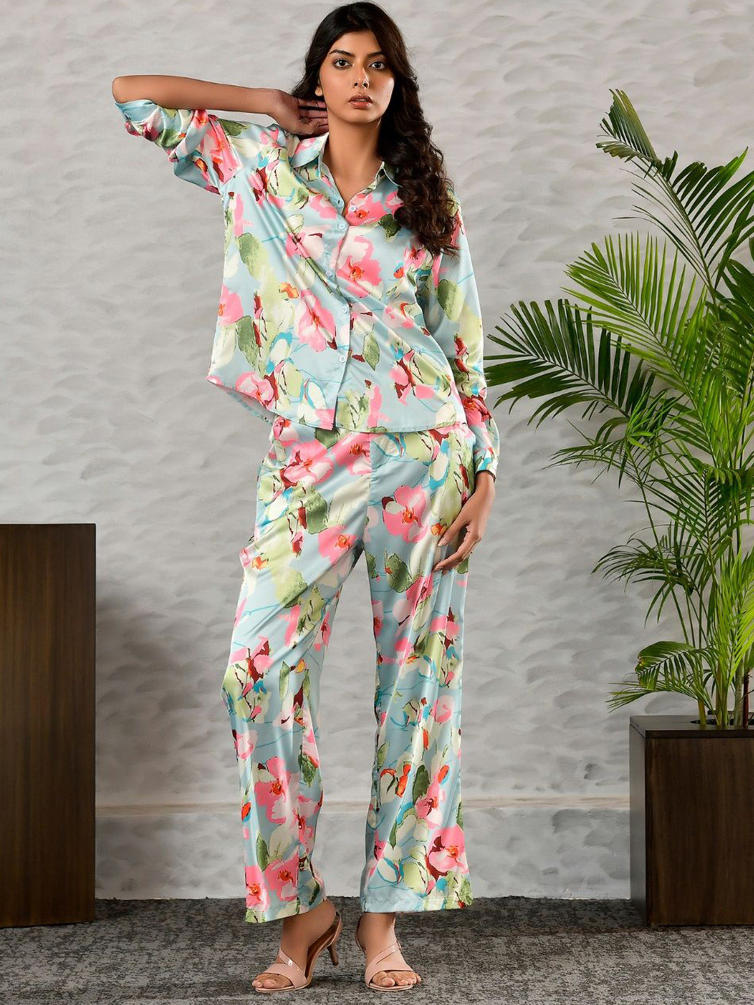 Unityshop Floral Printed Shirt Collar Shirt With Palazzos Co-Ords