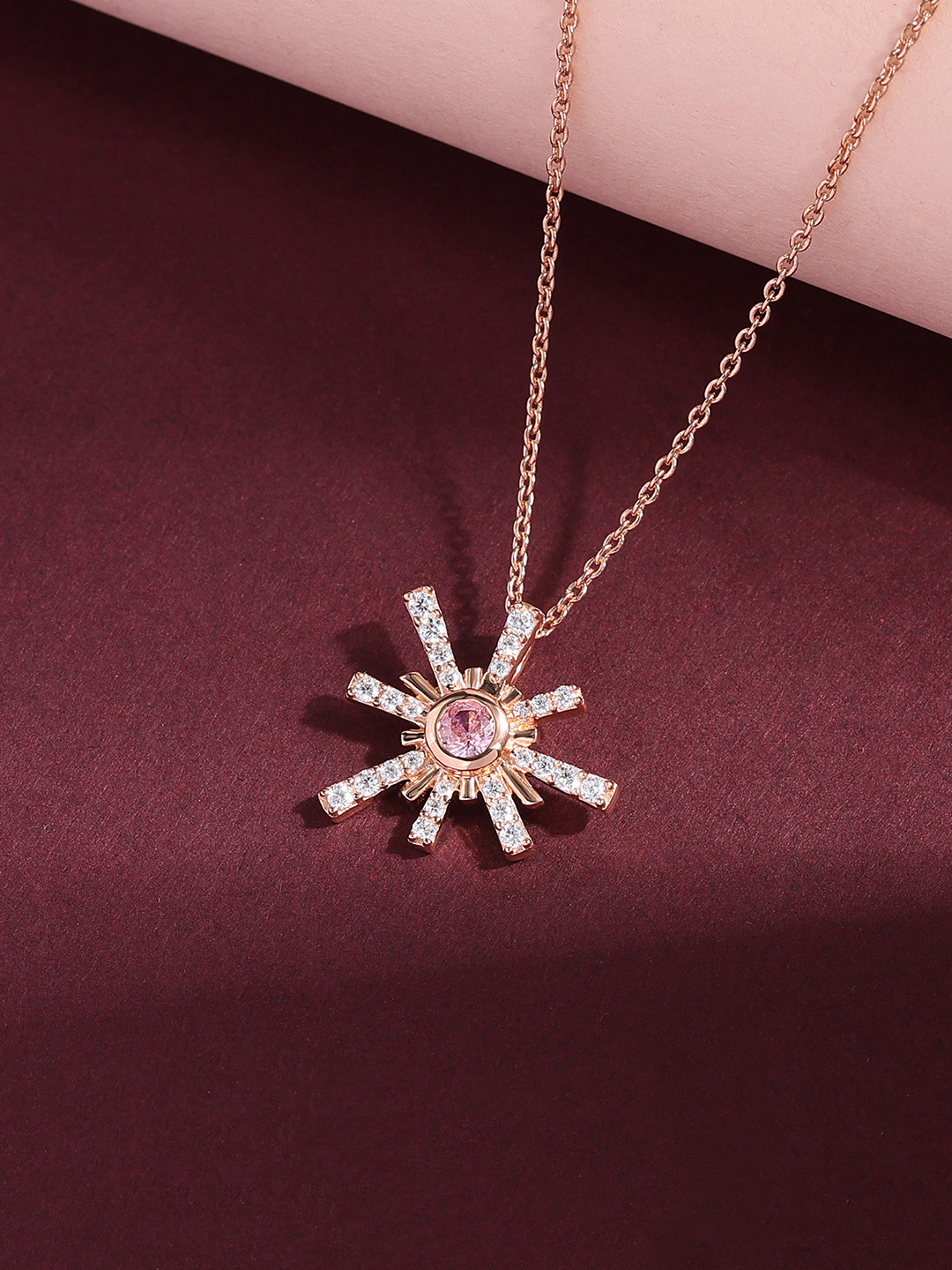 Ornate Jewels 925 Silver 18K Rose Gold Plated Pink American Diamond Pendant With Chain