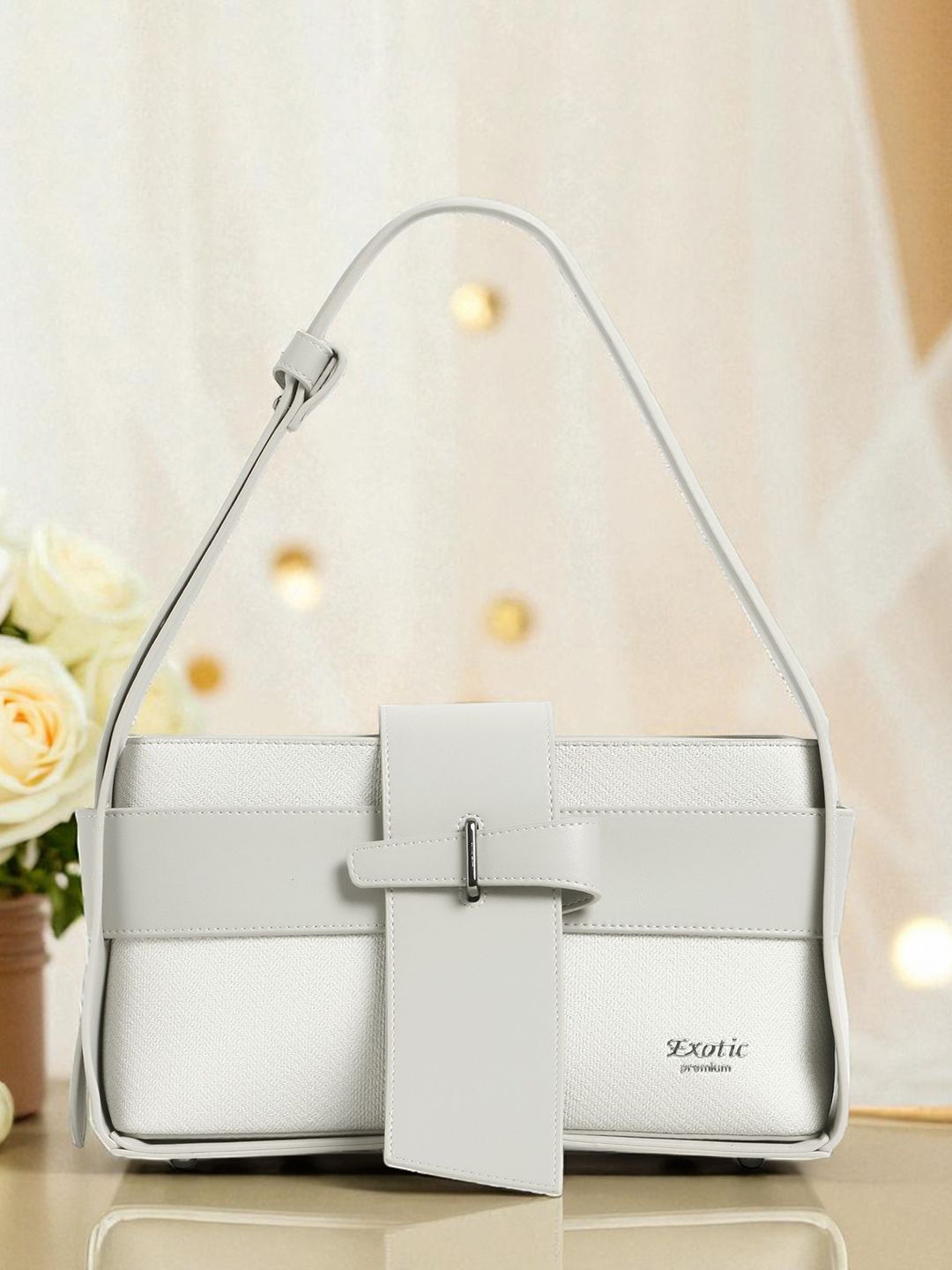 Exotic Women Solid Structured Buckle Detail Handheld Bag