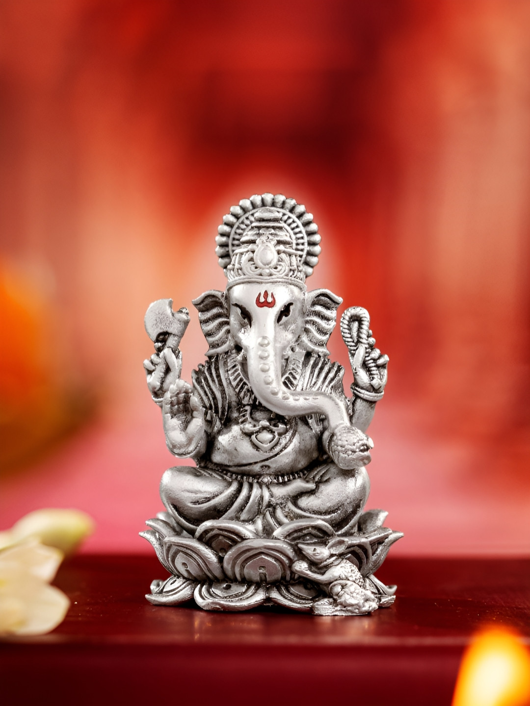 Aisshpra Silver-Toned & Red Lord Ganesha 925 Pure Silver Religious Idol Showpiece