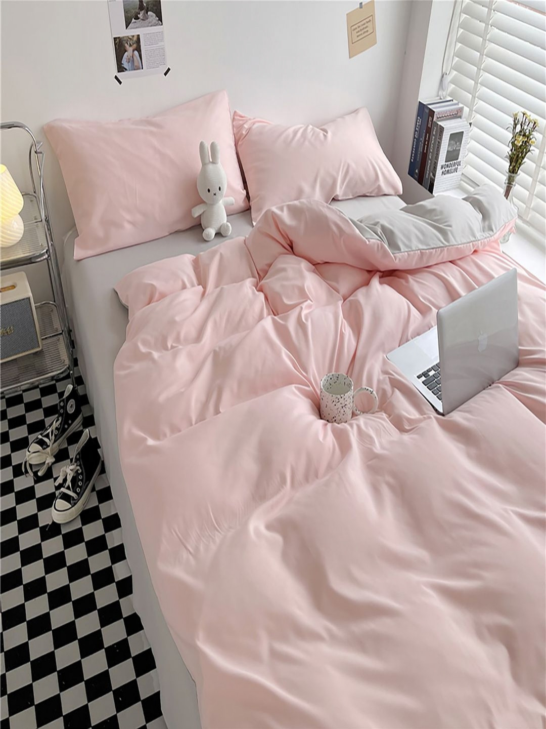 JC HOME Grey & Pink AC Room Double Extra Large Bedding Set