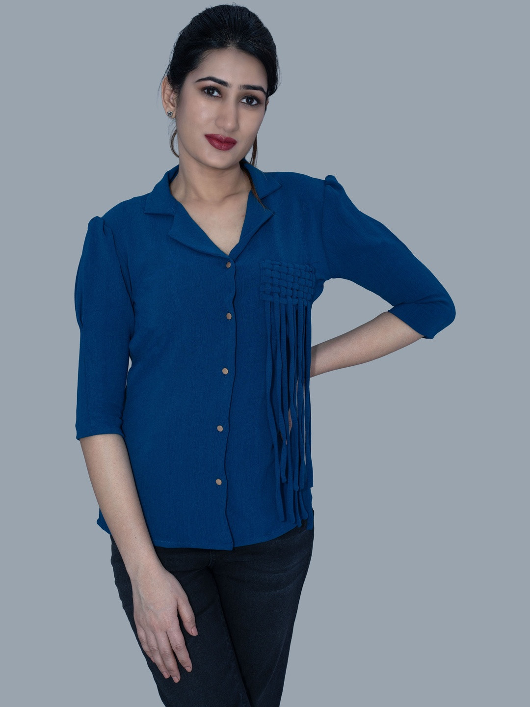 BELLO DONA CLOTHING Women Puff Sleeve Fringed Top