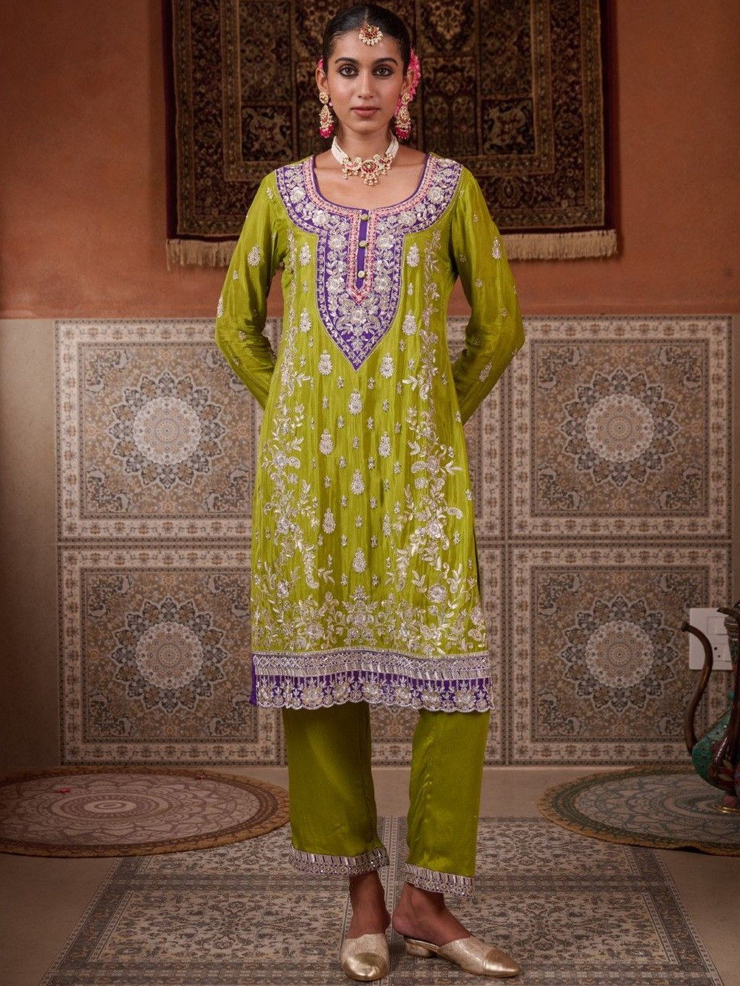 AUTUMN LANE Sangini Floral Embroidered Thread Work Straight Kurta With Trousers & Dupatta
