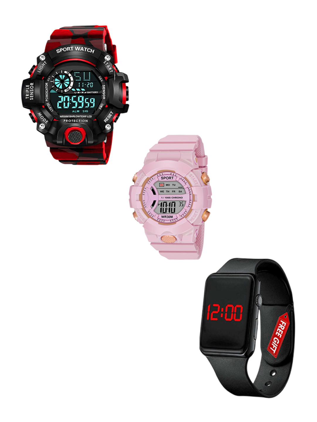 FROZIL Men Pack Of 3 Round Dial & Textured Straps Digital Watch C-Sh-Red-DK-Pink-Led