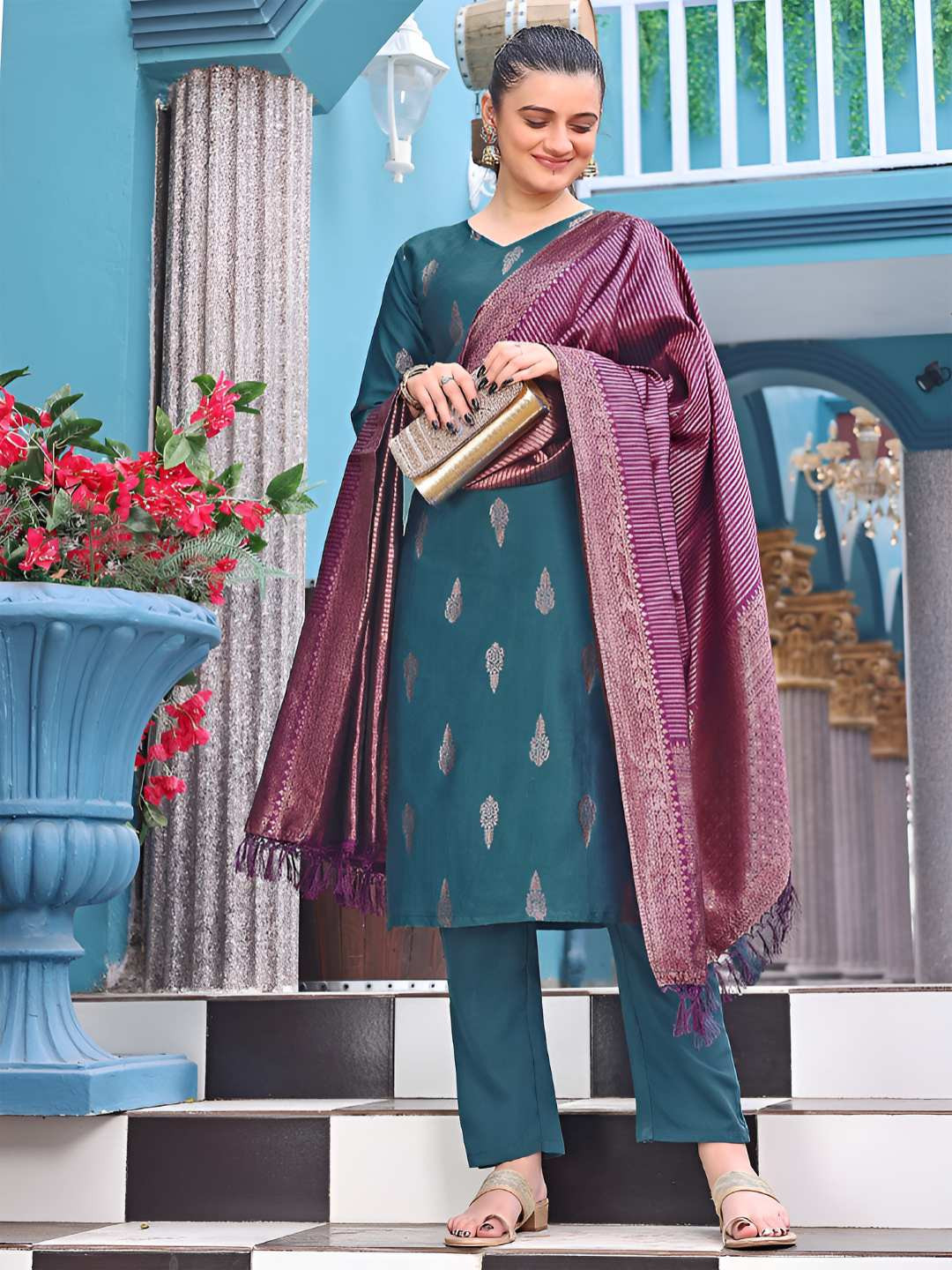 AG TEXTILE Woven Design V-Neck Pure Silk Straight Kurta With Trousers & Dupatta