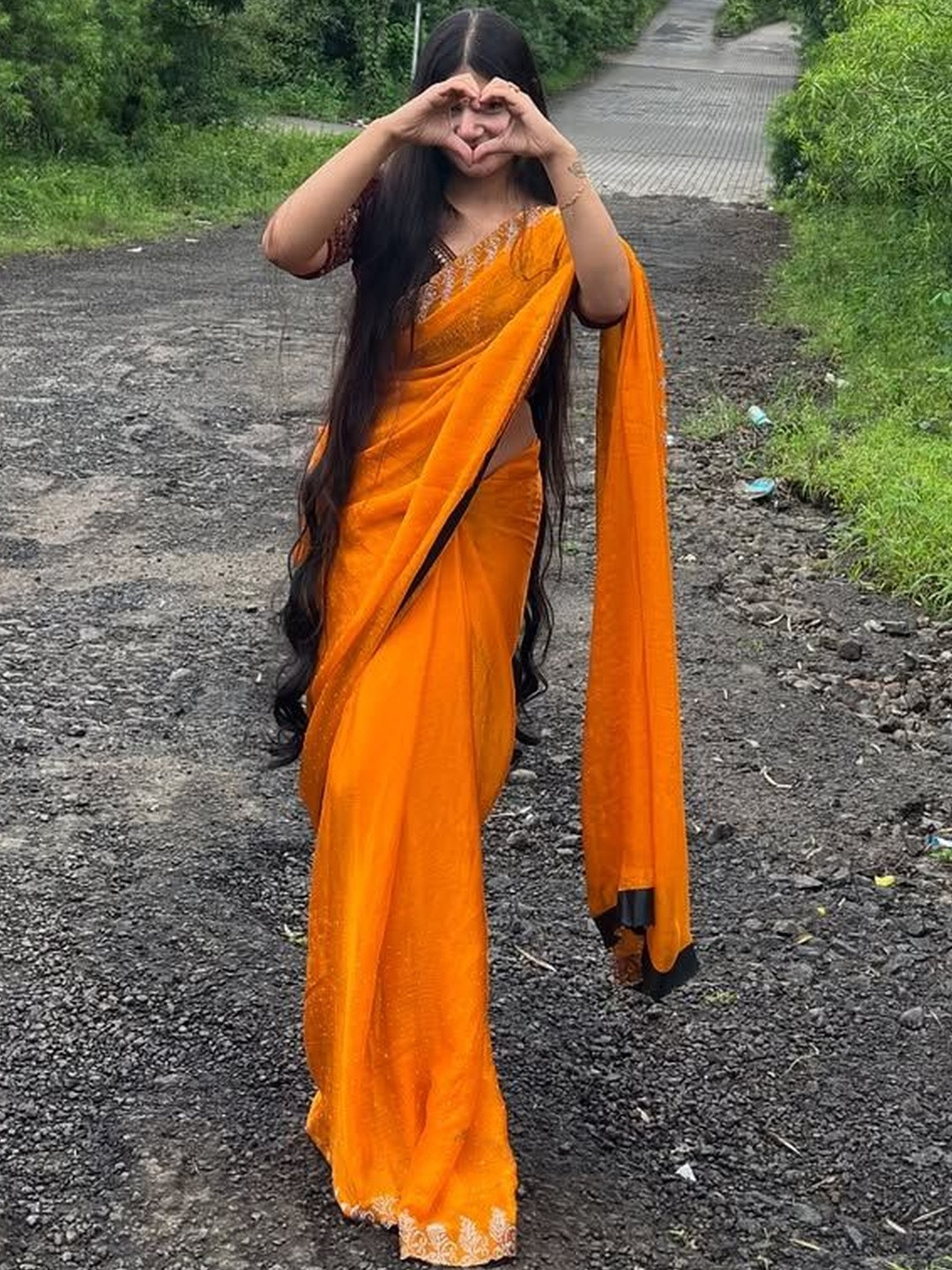 Moda Rapido Women Yellow Poly Chiffon Beads and Stones Saree