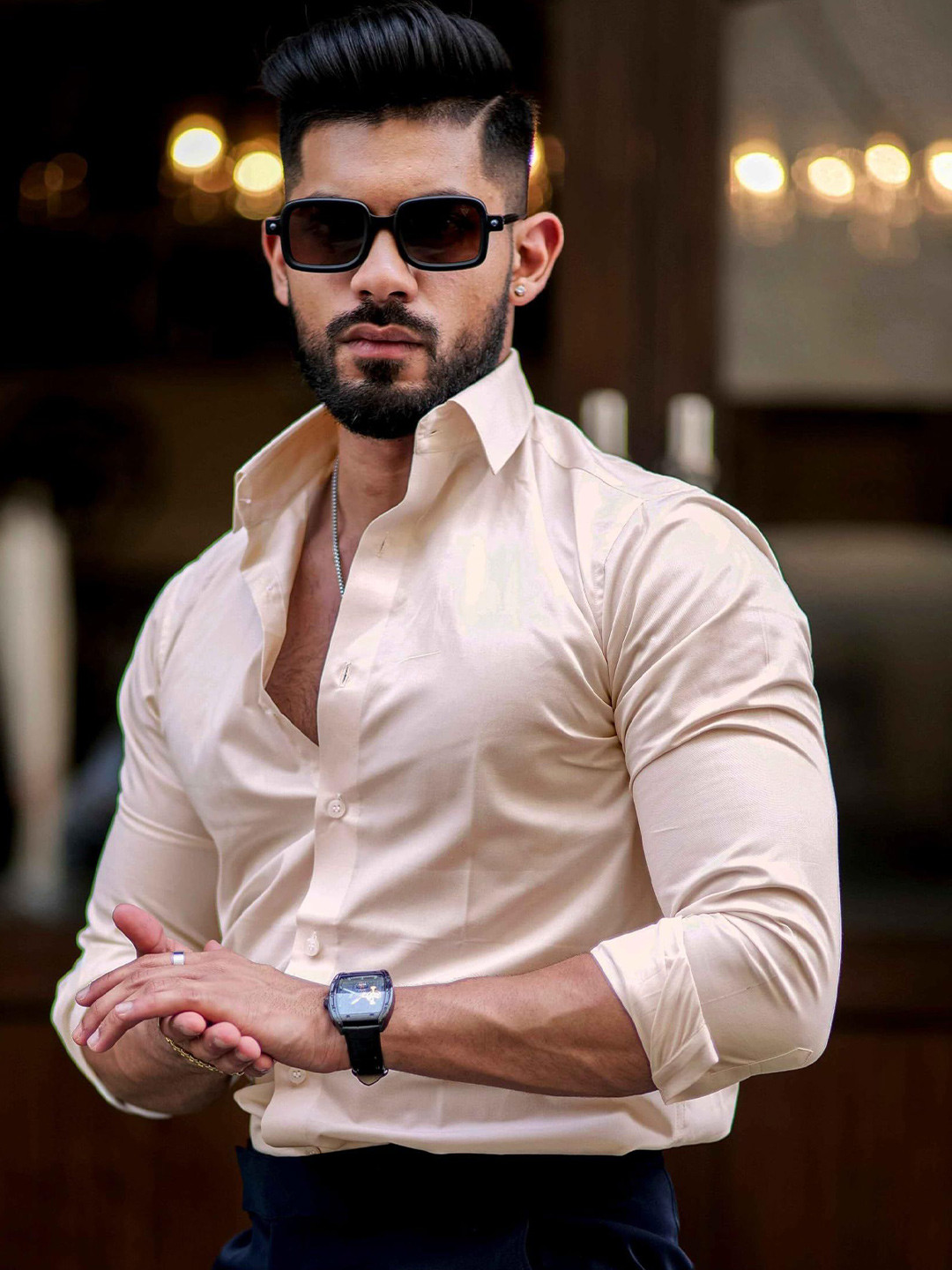 INDOPRIMO Spread Collar Long Sleeves Satin Casual Shirt