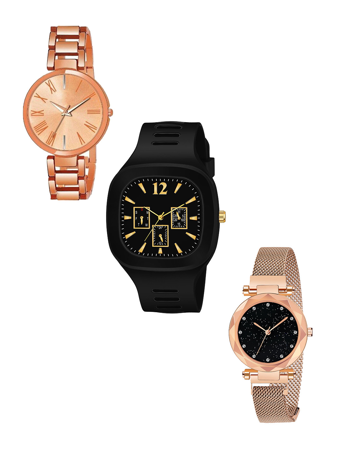 FROZIL Unisex Pack Of 3 Bracelet Style Straps Analogue Watch SQ-B-TNR-MAG-COPER