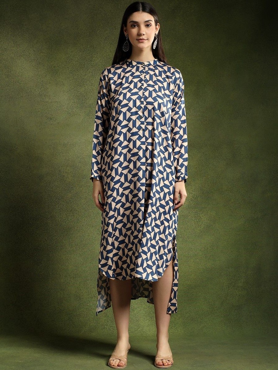 QAIYNAT Women Geometric Printed Mandarin Collar Silk Shirt Midi Dress