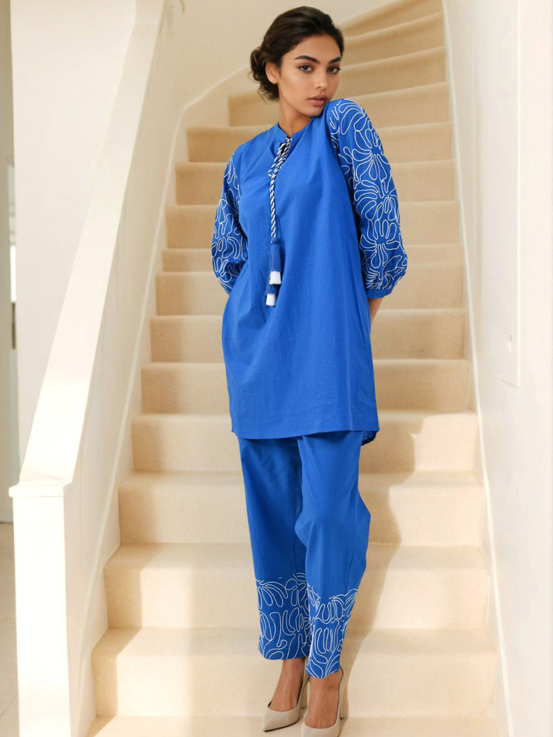 Zolo Label Azure Elegance Embroidered Cotton Cotton Tunic With Trousers Co-Ords