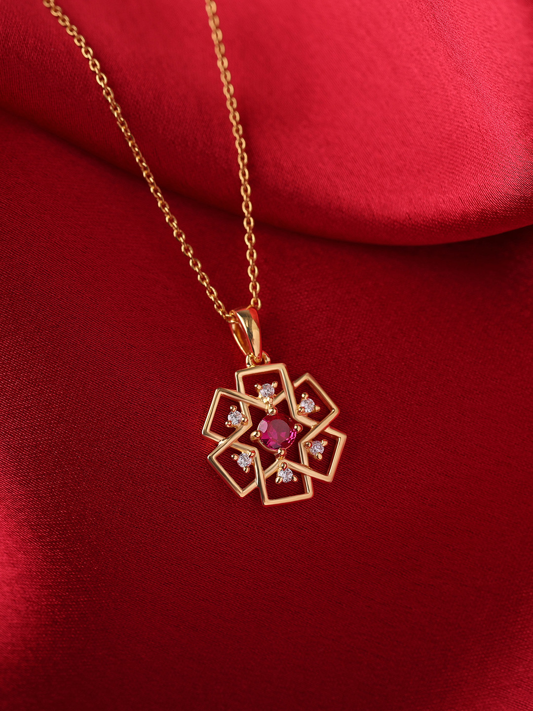 Ornate Jewels 925 Silver 18K Gold Plated Red Zircon Modern Classic Pendant With Chain