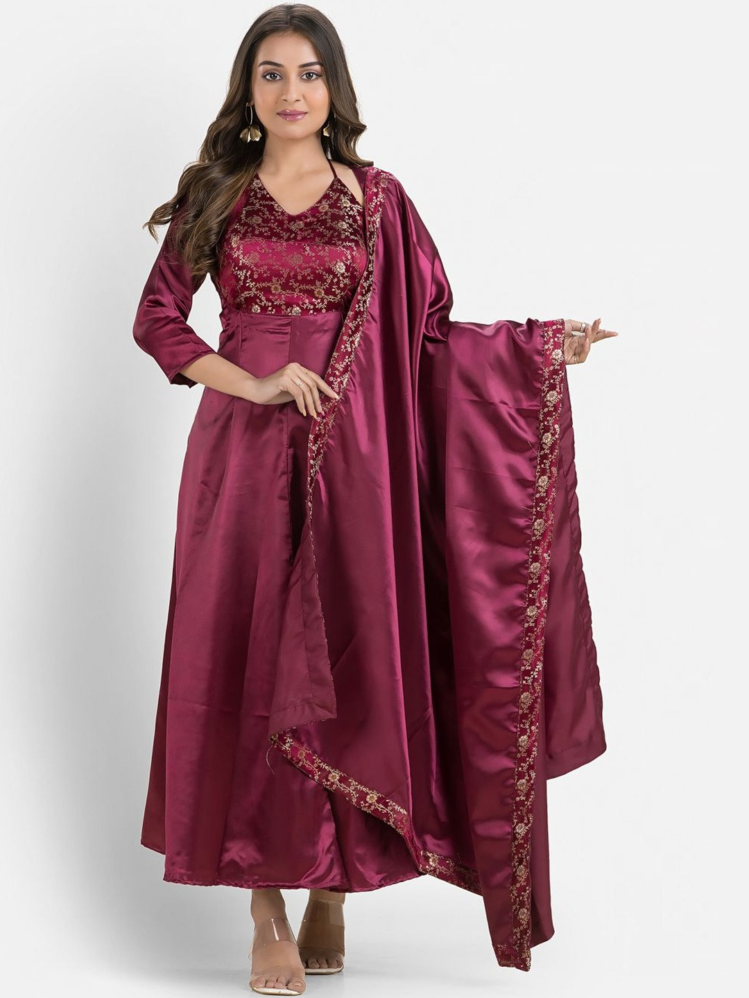 Crazy Needle Floral Embroidered Embellished Regular Sleeves Satin Fit & Flare Maxi Dress