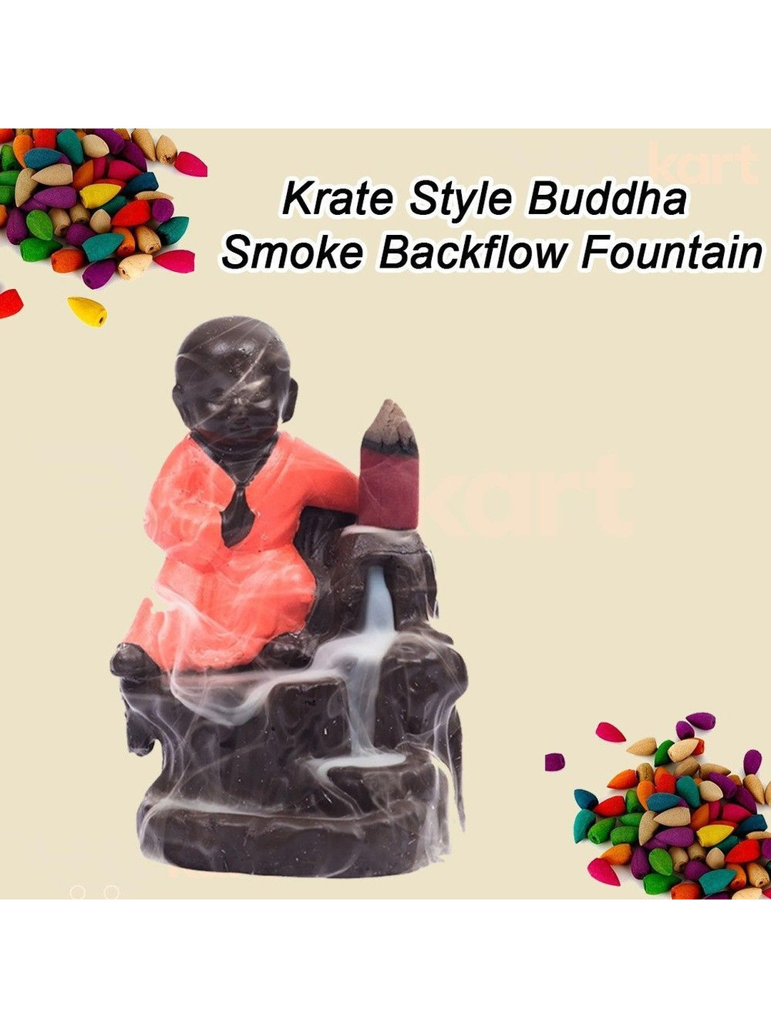 HBKART Orange Buddha Smoke Backflow Fountain Showpiece