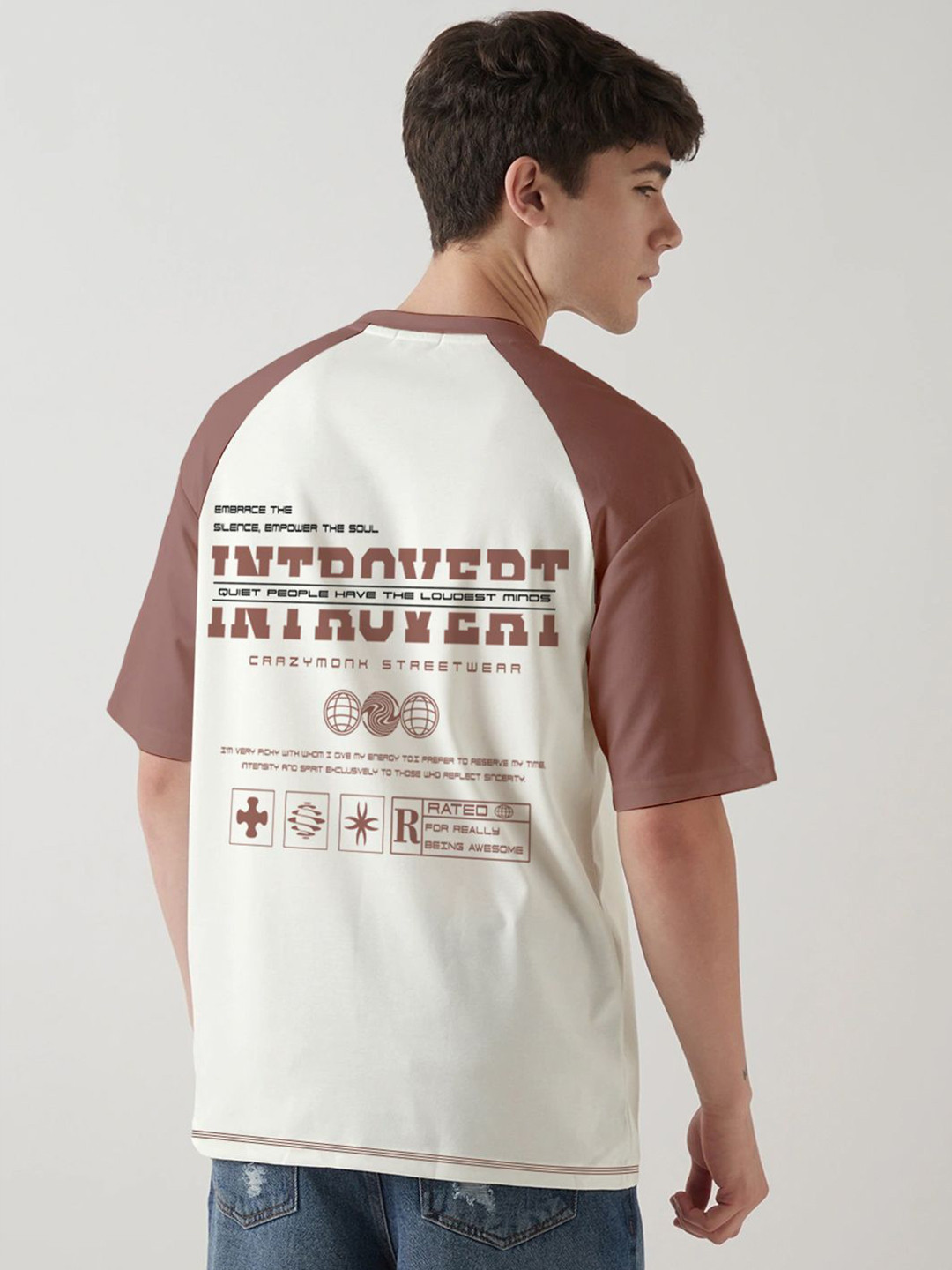 Crazymonk Introvert Typography Printed Drop-Shoulder Sleeves Cotton Oversized T-shirt