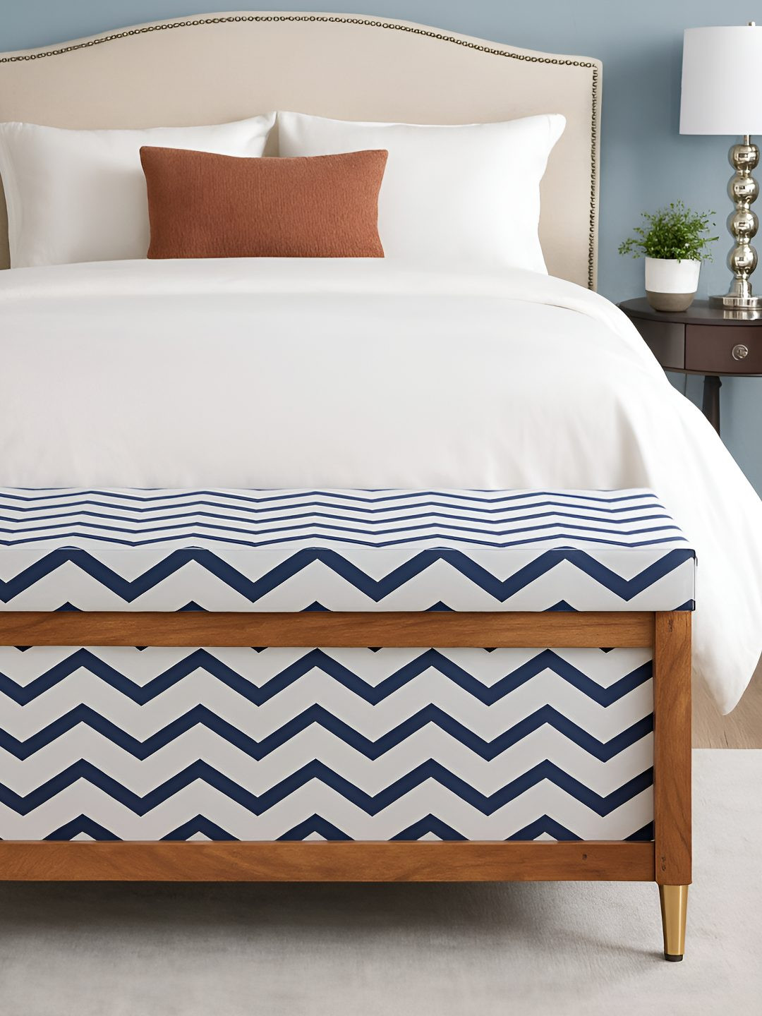 GLOBALLY INDIAN Blue & White Zig Zag Printed Wooden 2-Seater Rectangle Ottoman