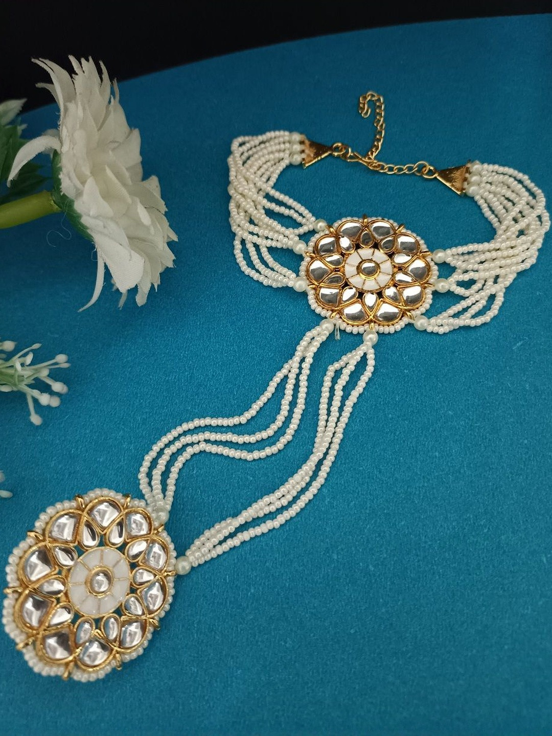 Sanjog Gold-Plated Kundan Meenakari Studded Ring Bracelets