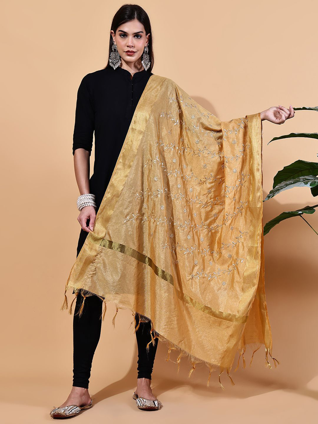LOOM LEGACY Floral Embroidered Silk Dupatta With Zari