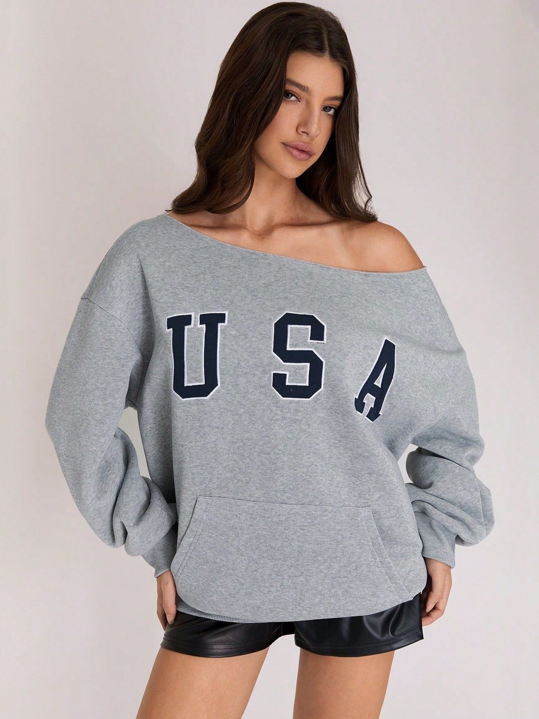 Roadster Women Grey printed full sleeves off shoulder neck Pullover Sweatshirts