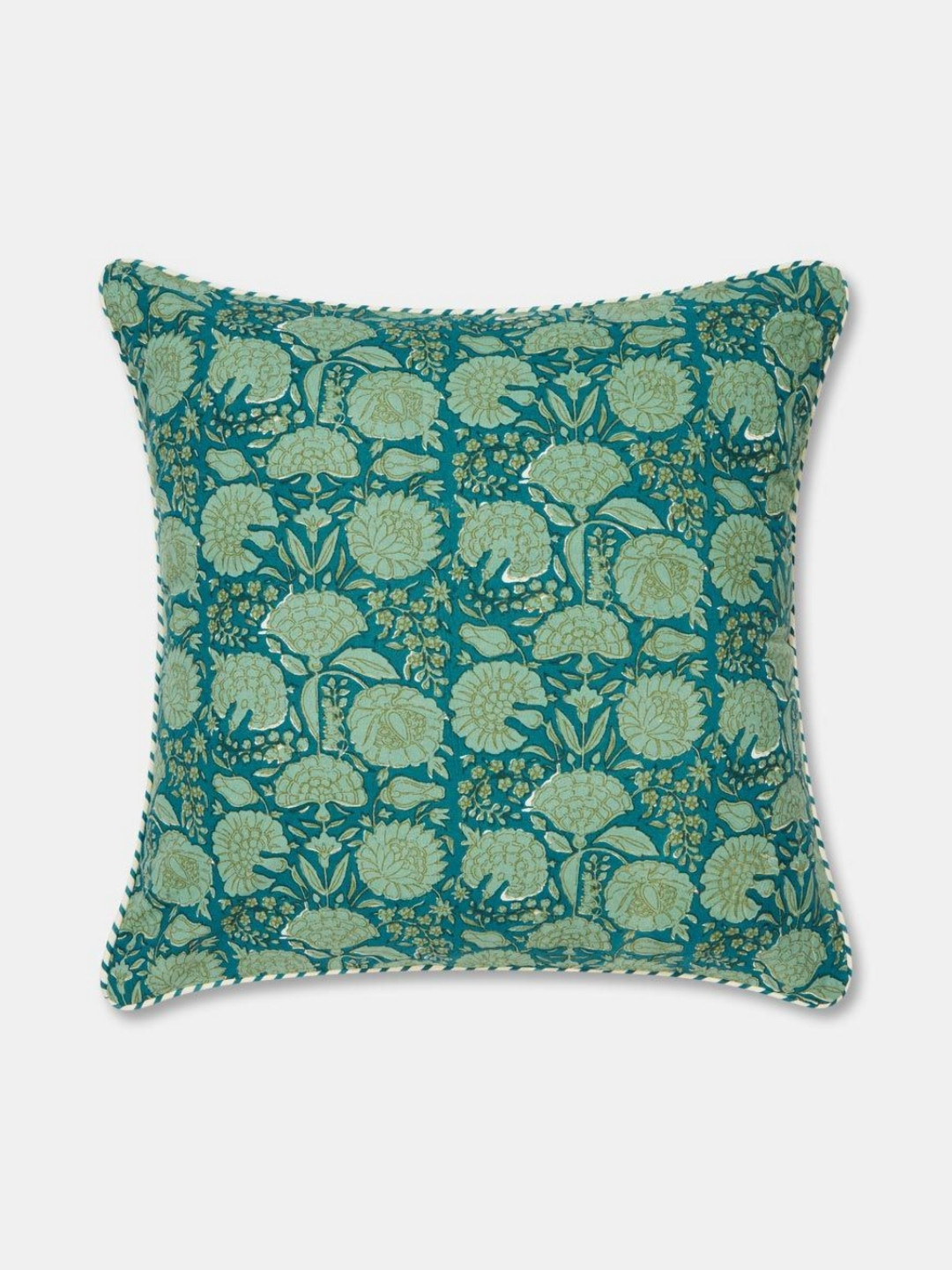Fabindia Ambara Jaal Teal & White Floral Printed Cotton Square Cushion Cover