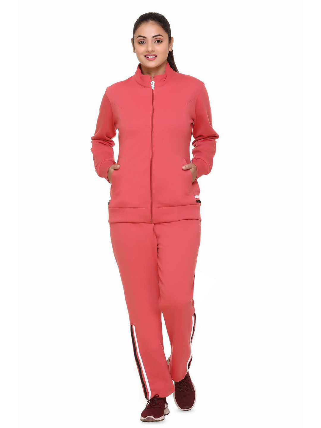 WOOL 4U Women Striped Mock Collar Long Sleeves Track Suit
