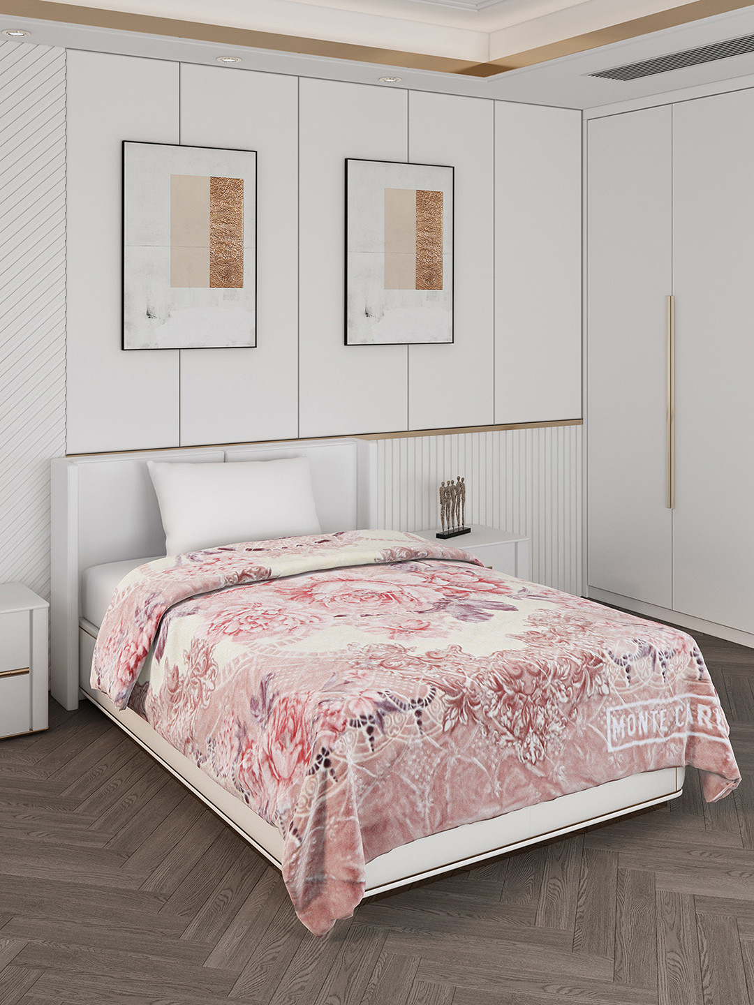 Monte Carlo White & Pink Printed Heavy Winter Single Bed Blanket 1278 GSM