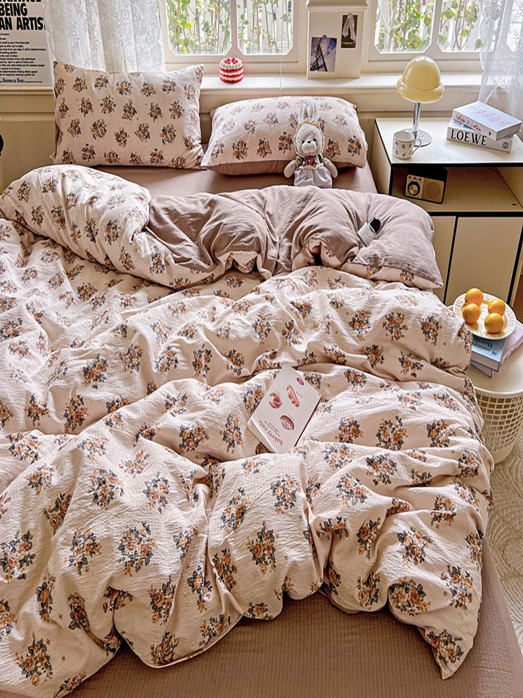 JC HOME Brown & Grey Floral Polycotton 4 Piece Double Extra Large Regular Bedding Set