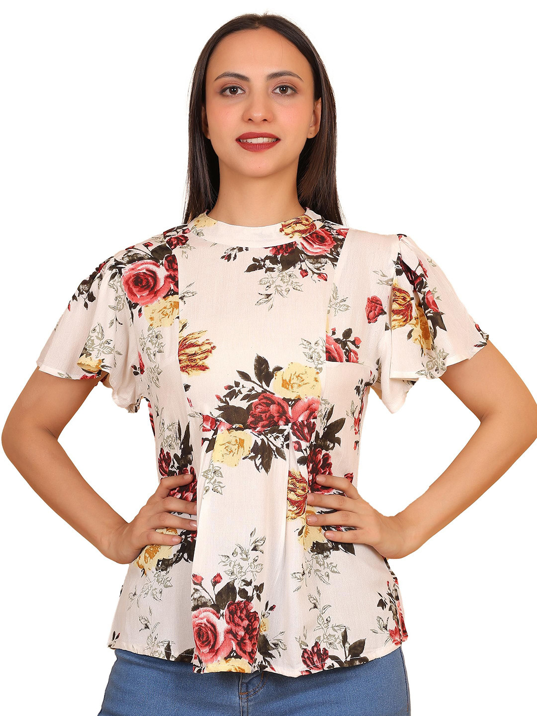 IB STYLES Women Floral Printed Flutter Sleeve Top