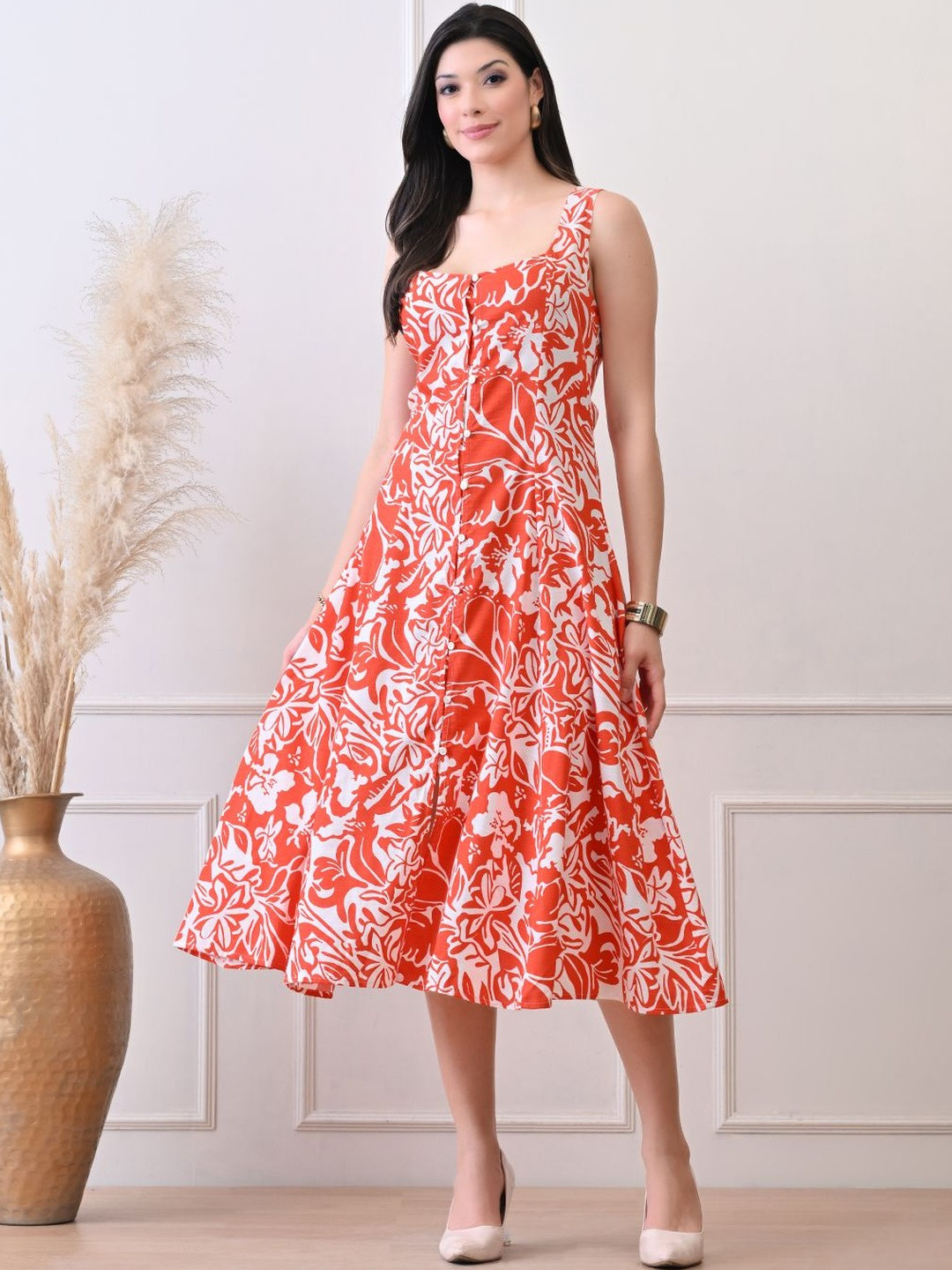 Ikonic klaer Floral Printed Square Neck A-Line Midi Dress