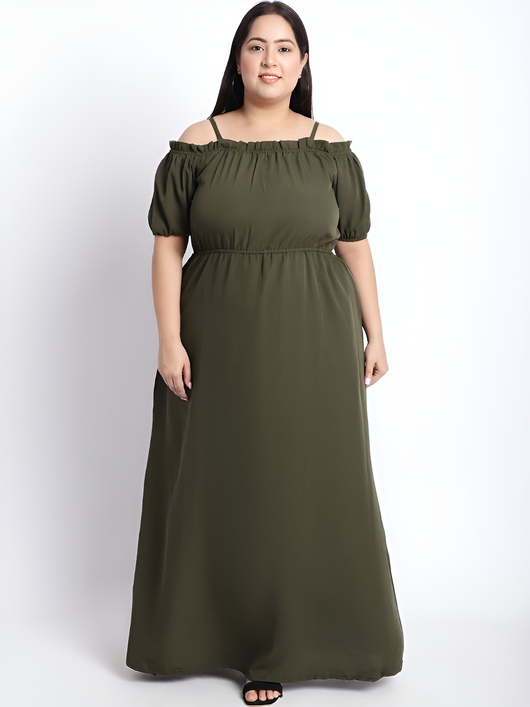 GOMES Women Plus Size Off-Shoulder Puff Sleeve Crepe Maxi Dress