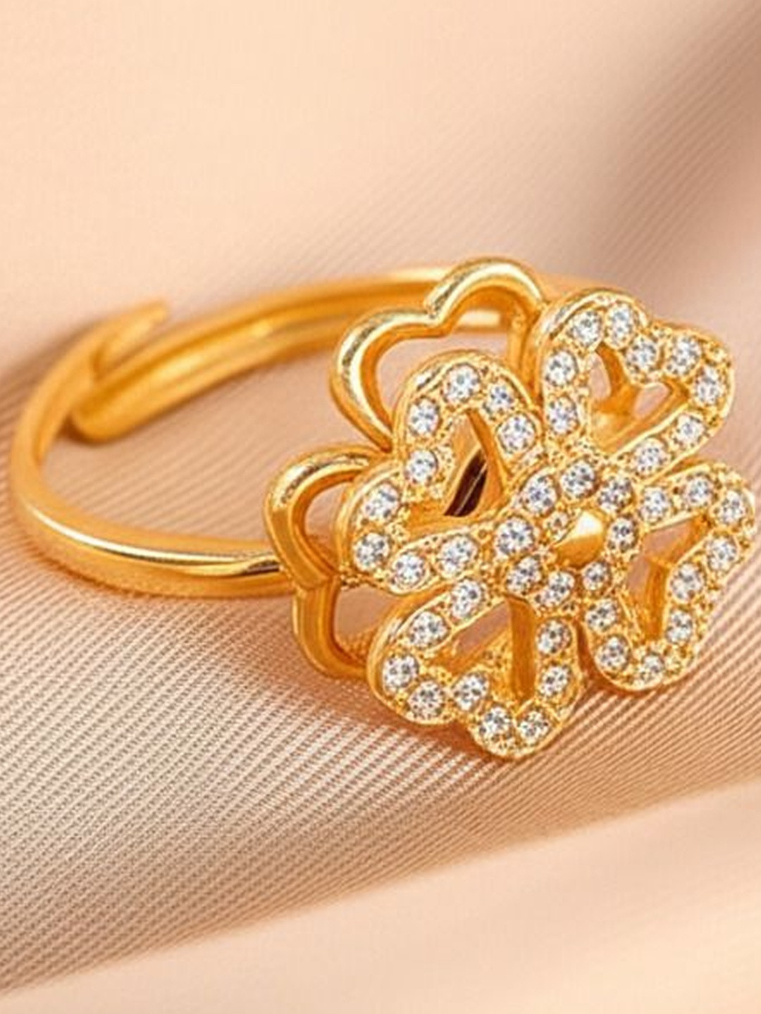DressBerry Women Gold-Plated Rotating American Diamond Studded Adjustable Clover Ring