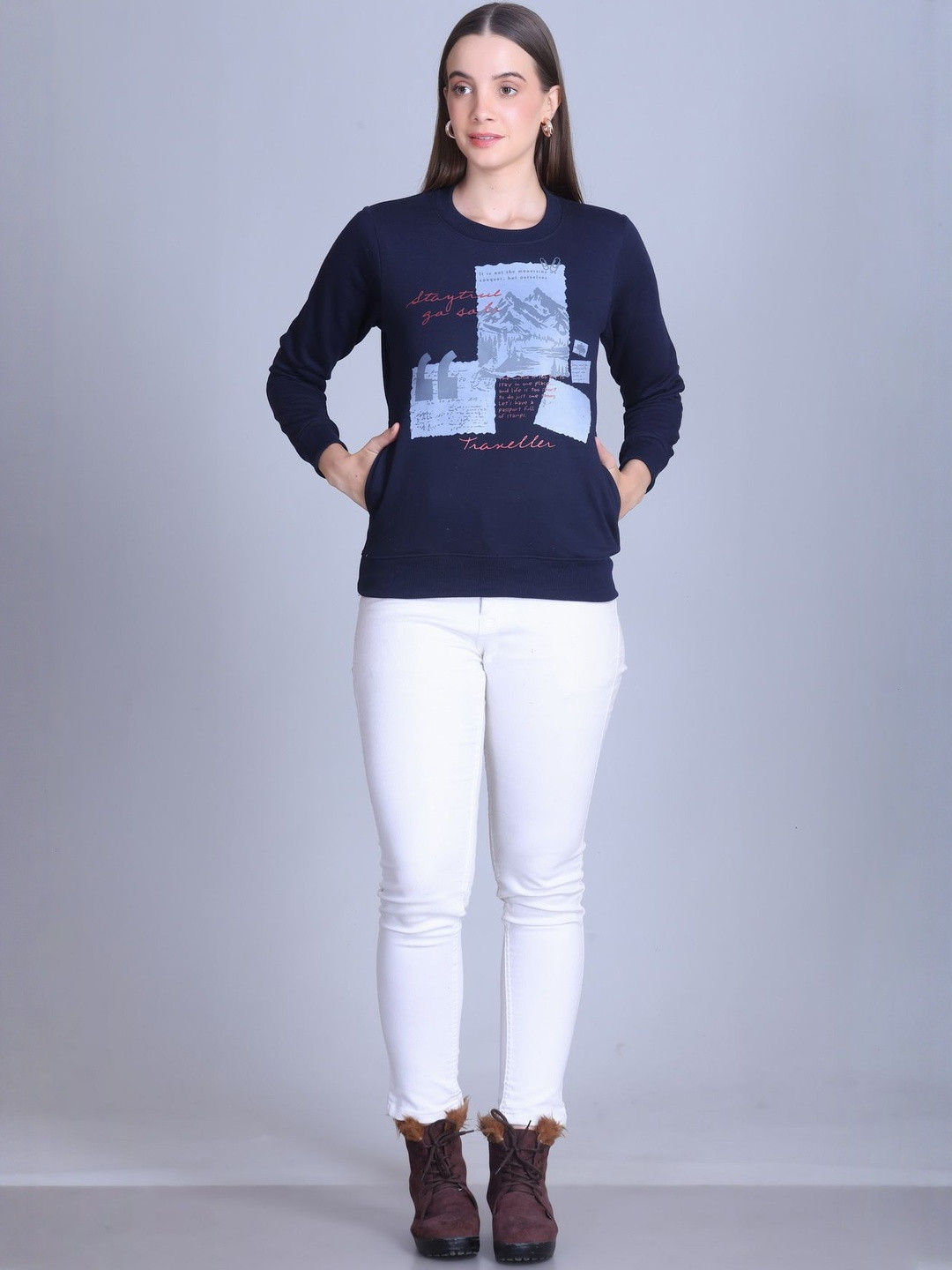 Roadster Women Round Neck Tree Printed Fleece Sweatshirt