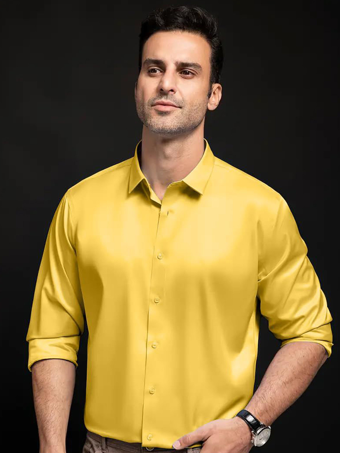 INDOPRIMO Spread Collar Long Sleeves Satin Casual Shirt