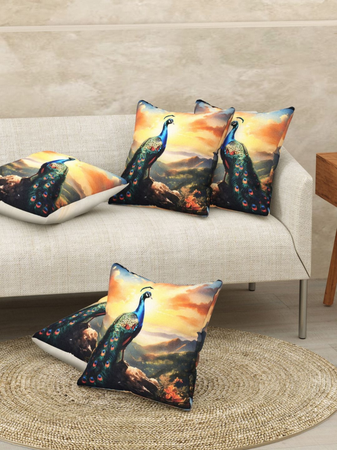 JAIPUR FABRIC Yellow & Blue  5 Pieces Ethnic Motifs Square Jute Cushion Covers