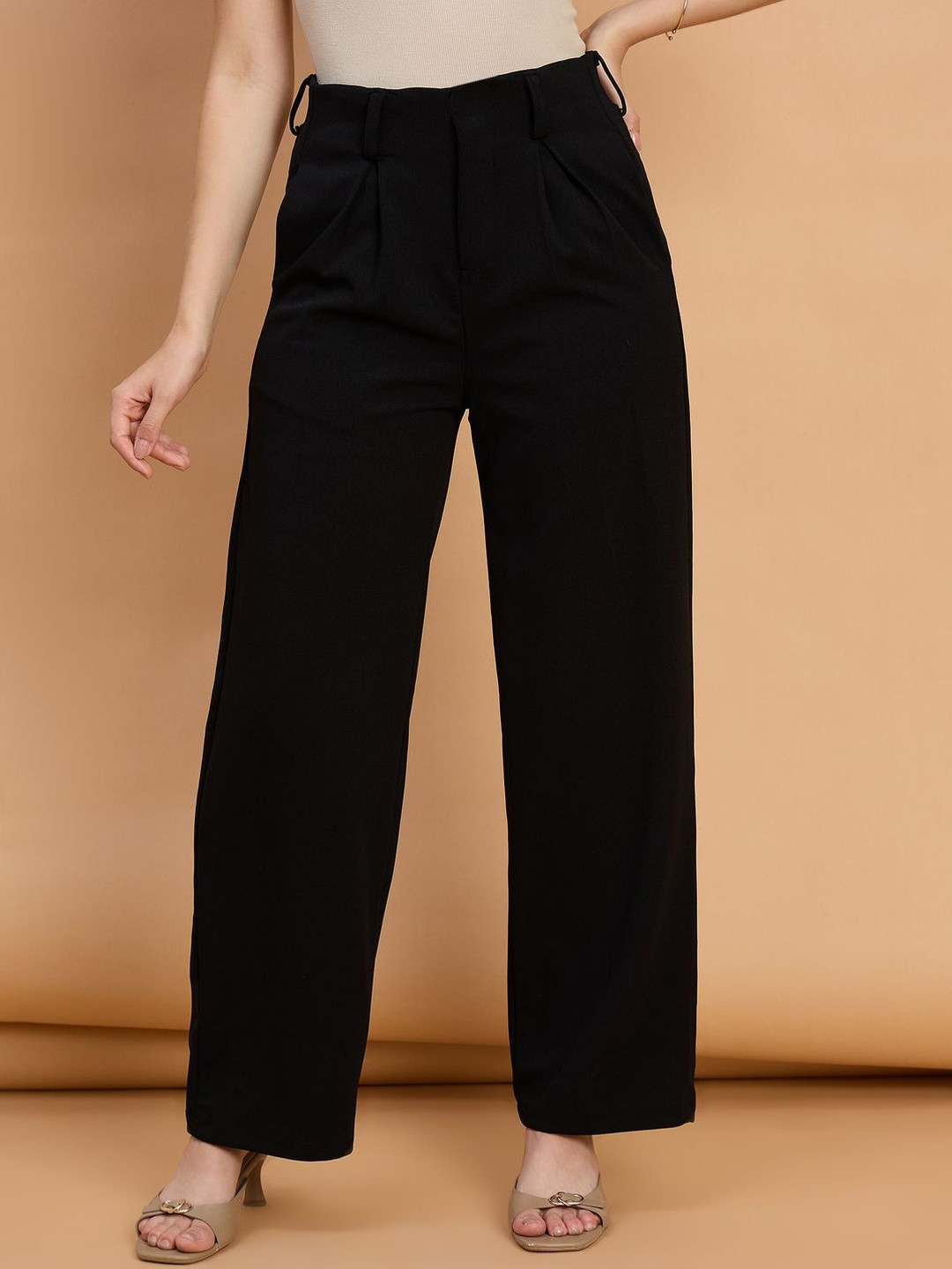 Roadster Women Black High-Waist Formal Pleated Trousers with Wide Legs