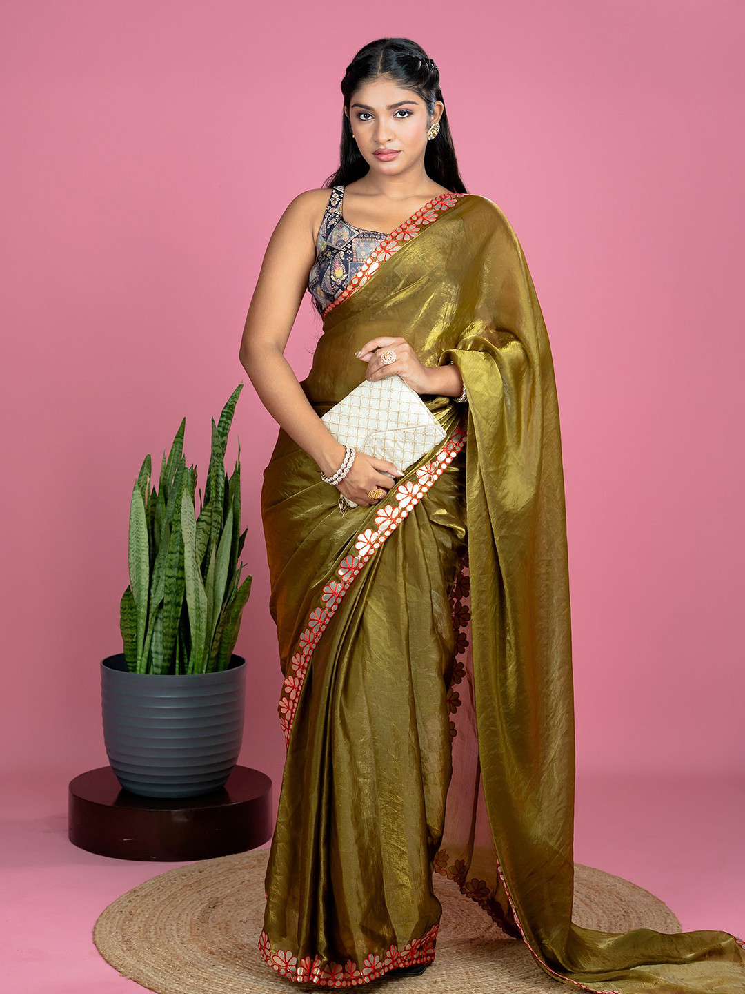 HELLA FASHIONS Embroidered Tissue Ready To Wear Saree