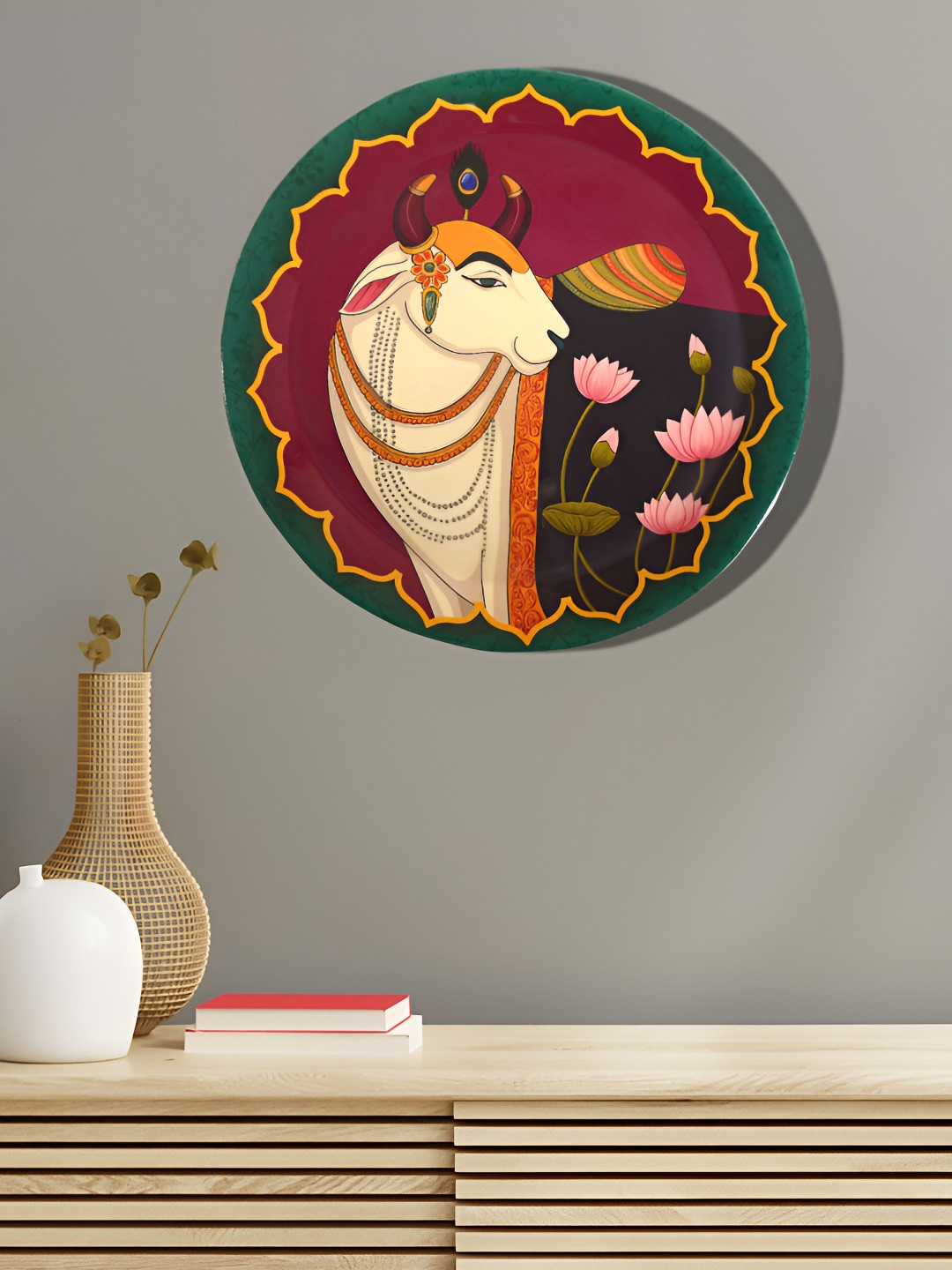 Maison Modern Red & White Pichwai Cow Printed Wall Art