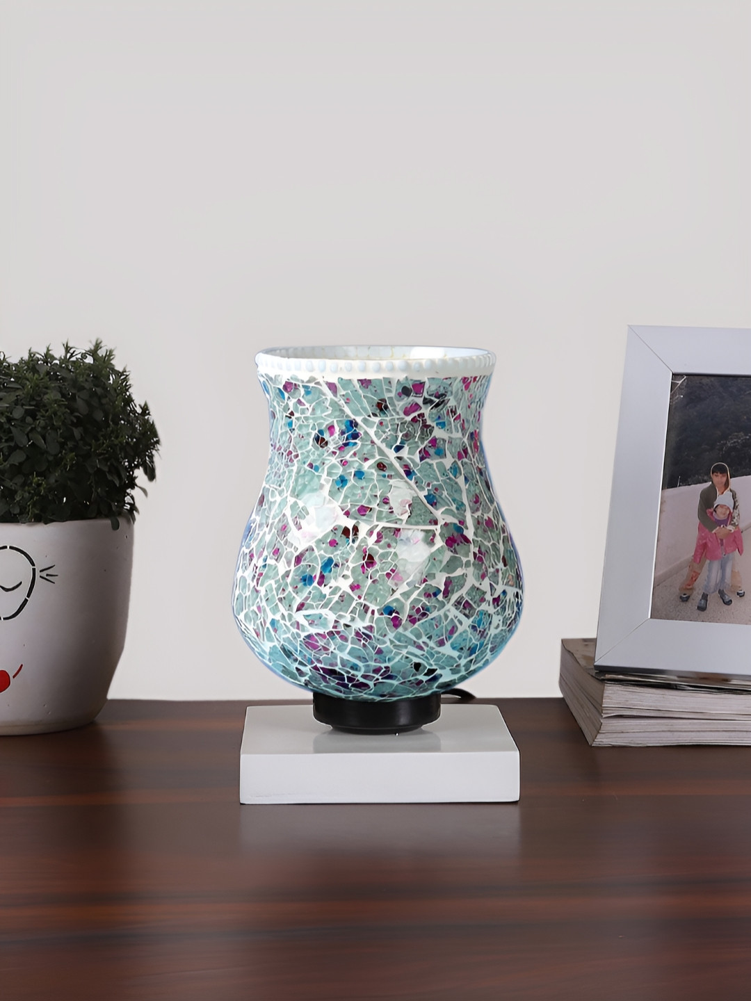 Aura Green & Pink Textured Bell Shaped Glass Table Lamp with Wooden Base