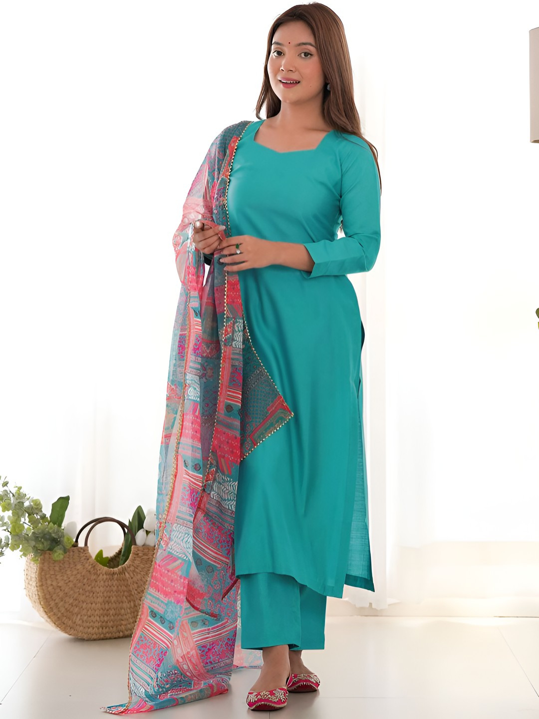 AG TEXTILE Women Solid A-Line Kurta with Palazzos & Printed Dupatta