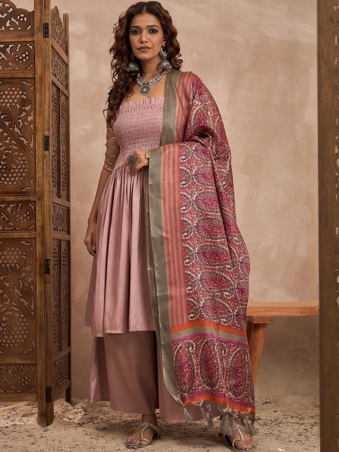 InWeave Pleated Off-Shoulder A-Line Kurta With Palazzo & Dupatta