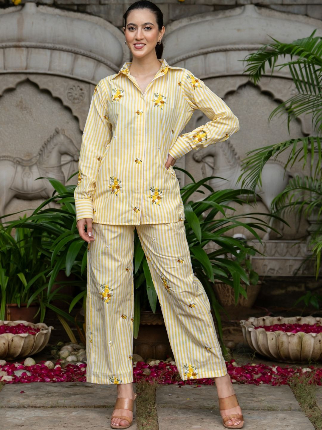 HOUSE OF JAMOTI Embroidered Shirt Collar-Neck Shirt With Trousers Co-Ords