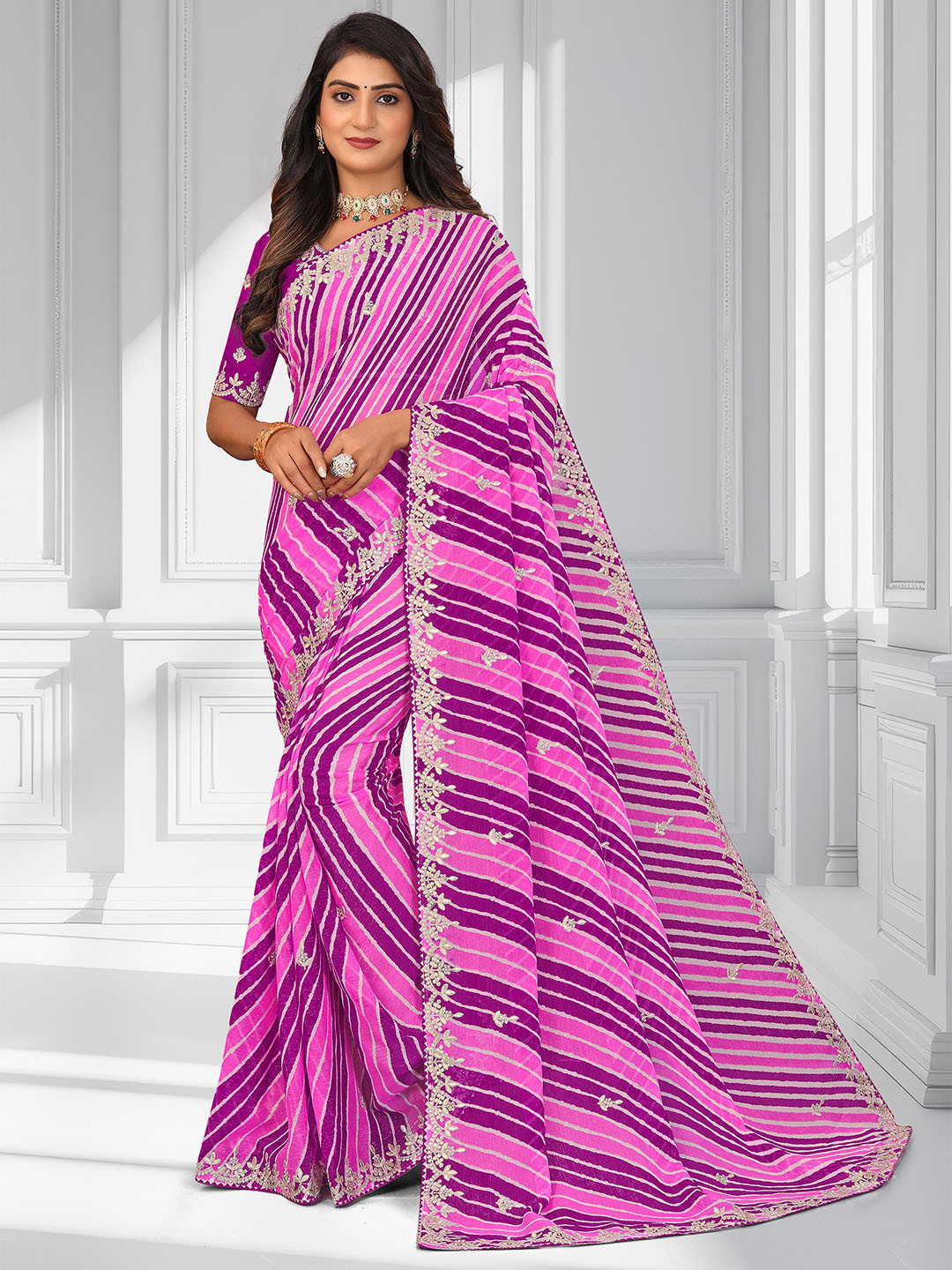 Laxmipati Printed Along with Floral Zari Work Leheriya Saree