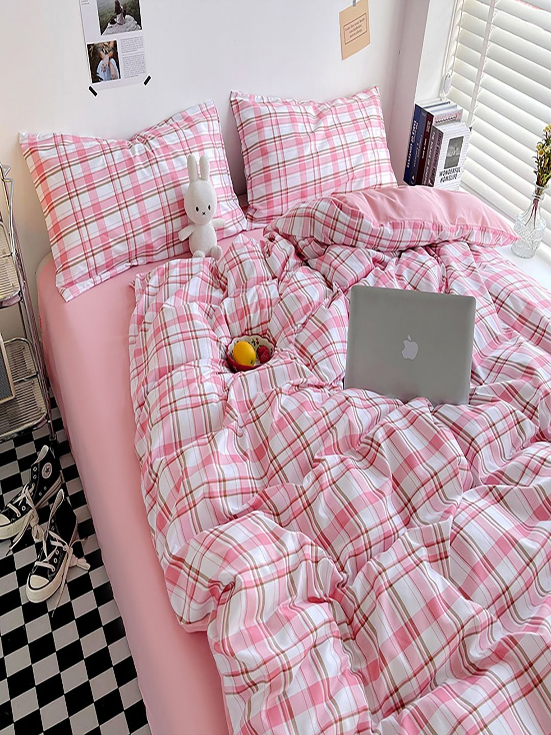 JC HOME Checked 4 Piece Double King Regular Bedding Set