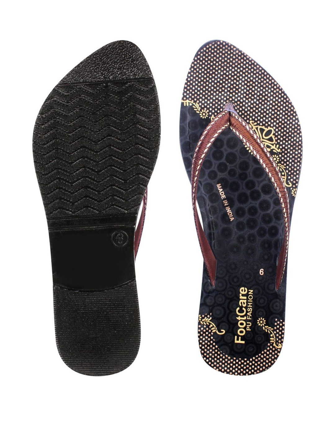 FOOT CARE Women Brown & Beige Printed PU T-Strap Flats