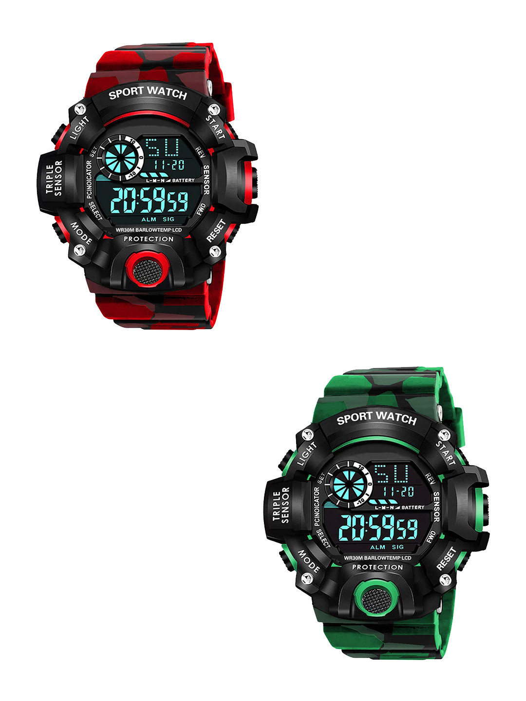 FROZIL Men Pack Of 2 Round Dial & Straps Digital Watch C-Army-Red-Green