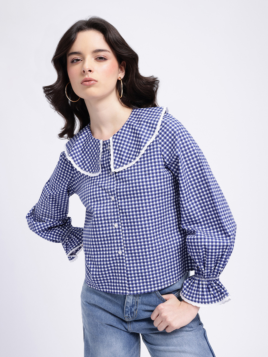 glitchez Pure Cotton Bell Sleeves Above The Keyboard Collar Checked Shirt