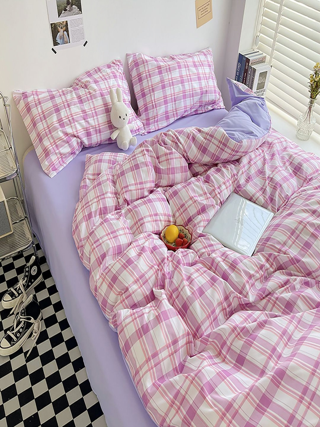 JC HOME Purple & Pink Checked Printed AC Room Double Queen Bedding Set